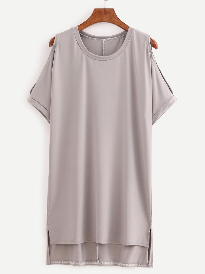 Romwe Dip Hem Open Shoulder T-shirt