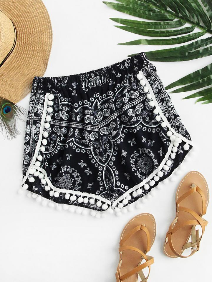 Romwe Cashew Flowers Print Random Pom Pom Trim Shorts