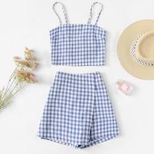 Romwe Knot Back Plaid Cami With Shorts