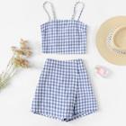 Romwe Knot Back Plaid Cami With Shorts