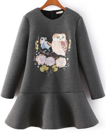 Romwe Owls Embroidered Flouncing Grey Dress