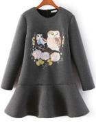 Romwe Owls Embroidered Flouncing Grey Dress