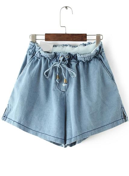 Romwe Drawstring Wide Leg Denim Shorts