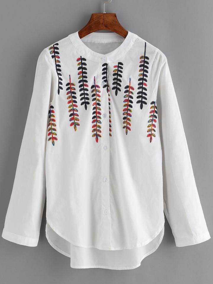 Romwe High Low Leaves Embroidered Blouse