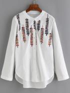 Romwe High Low Leaves Embroidered Blouse