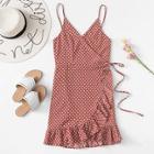 Romwe Knot Side Ruffle Trim Spot Cami Dress