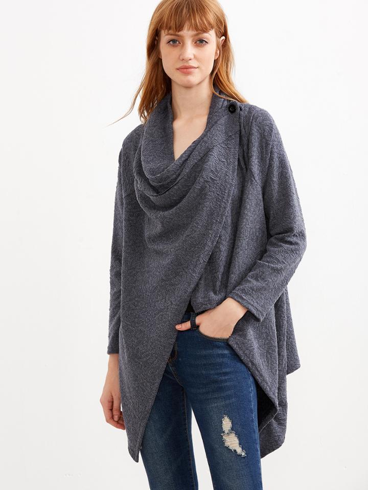 Romwe Dark Grey Drape Front Asymmetric Coat