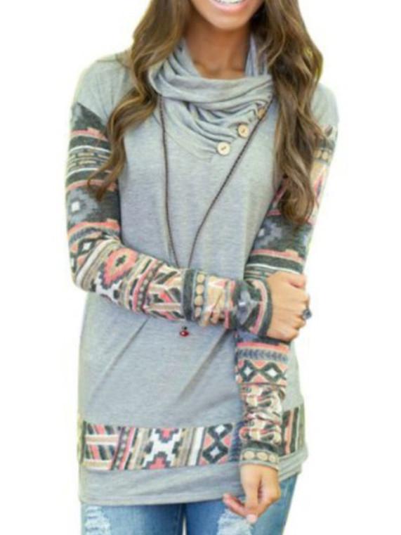 Romwe Draped Neck Geometric Print Buttons Sweatshirt