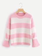 Romwe Fluted Sleeve Wide Striped Sweater
