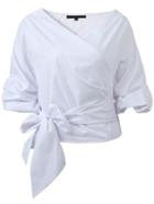 Romwe White Wrap V Neck Blouse With Bow Tie