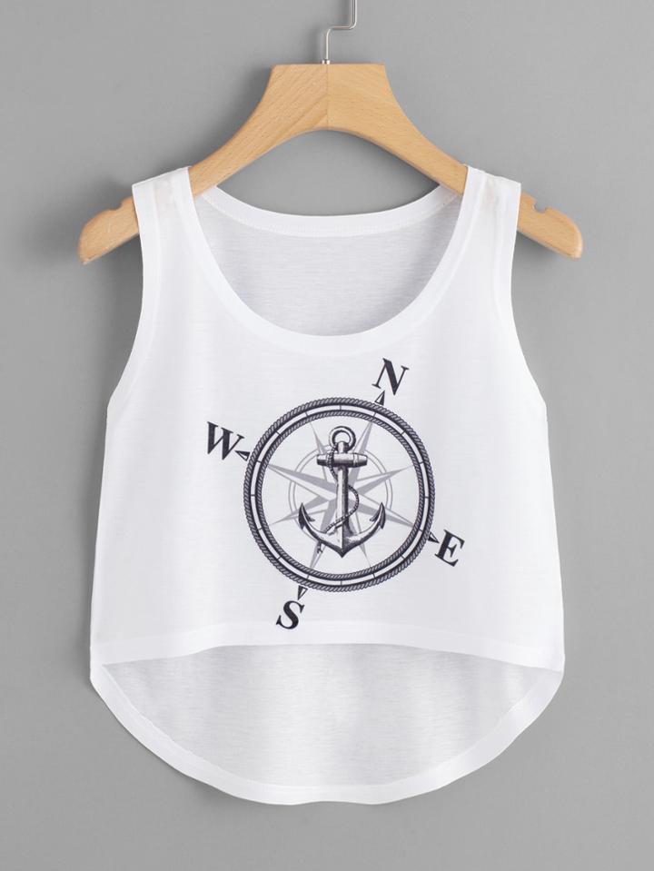 Romwe Compass Print Dip Hem Top