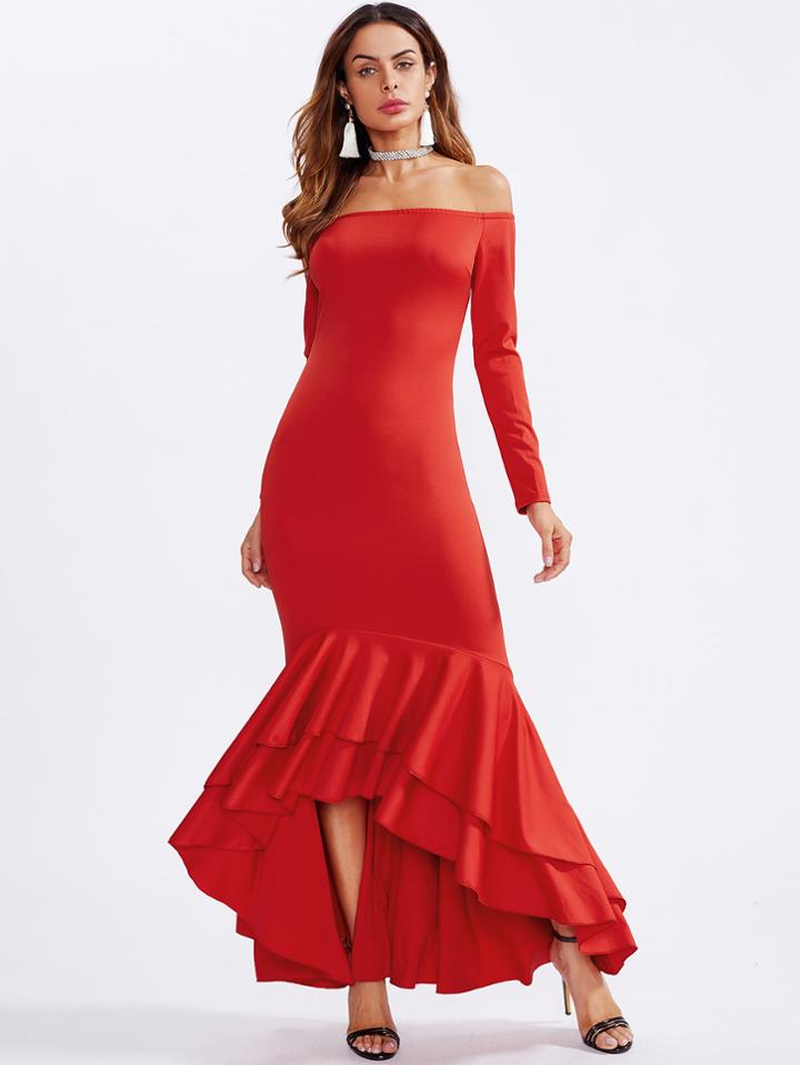 Romwe Layered Flounce Hem Off Shoulder Fishtail Dress