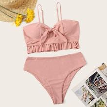 Romwe Ruffle Hem Knot Top With High Waist Bikini Set