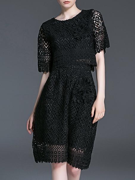 Romwe Black Flowers Applique Hollow Top With Skirt