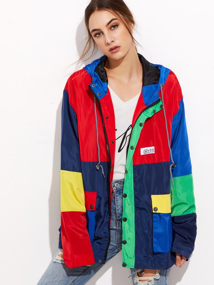 Romwe Color Block Back Pocket Drawstring Hooded Coat