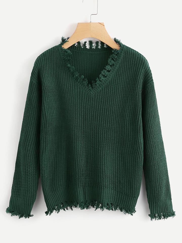 Romwe Raw Edge Textured Knit Sweater