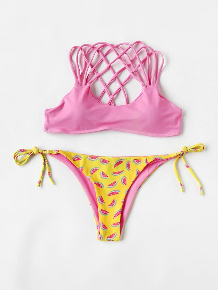Romwe Watermelon Print Lattice Mix & Match Bikini Set
