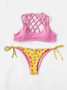 Romwe Watermelon Print Lattice Mix & Match Bikini Set