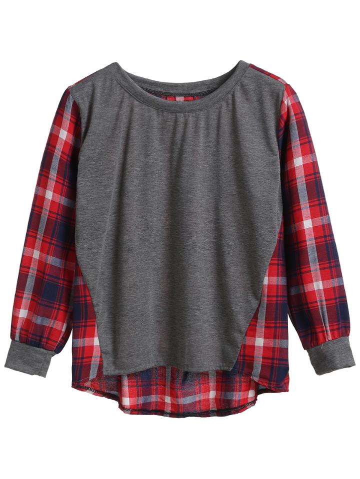 Romwe Multicolor Plaid Long Sleeve High Low Blouse