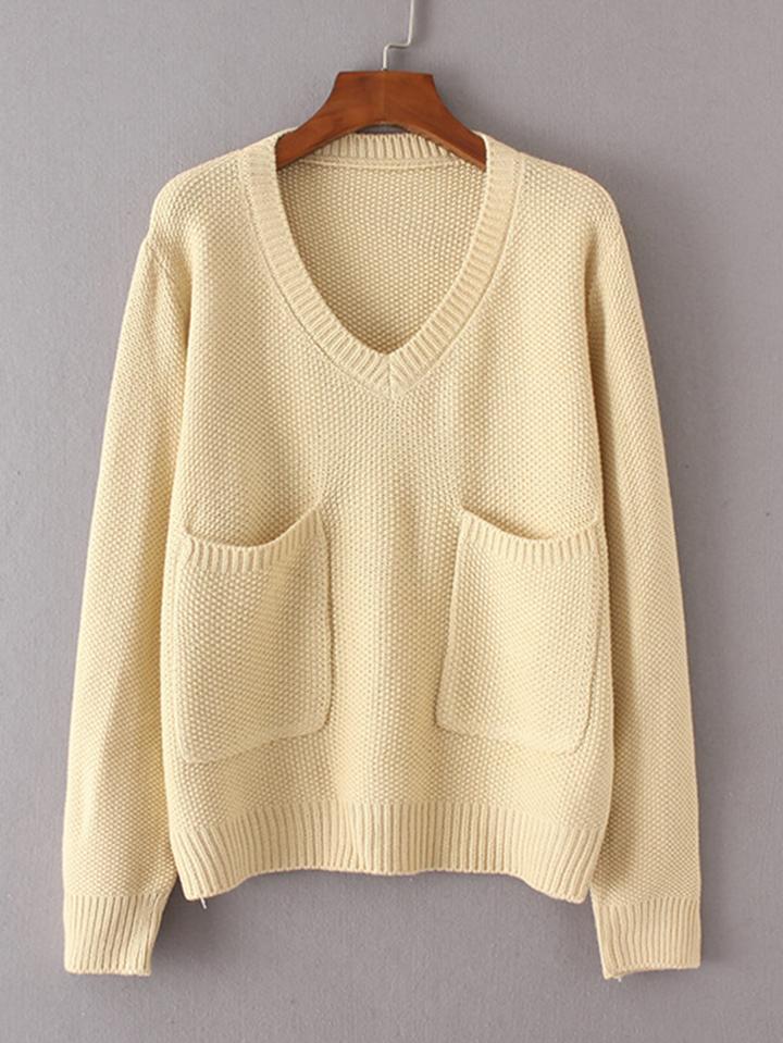 Romwe Front Pocket V Neckline Knitwear