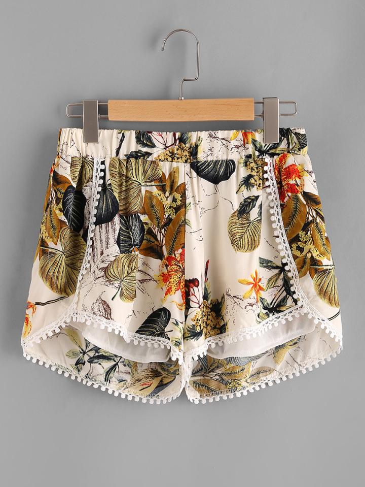 Romwe Palm Leaf Elastic Waist Lace Trim Shorts