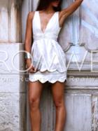 Romwe White Plunge V Back Scallop Dress