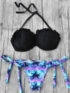 Romwe Ruffle Trim Bandeau With Palm Tree Print Bottom