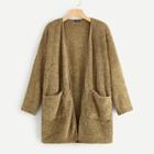 Romwe Plus Pocket Patched Open Front Fuzzy Coat