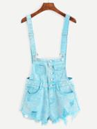 Romwe Buttoned Front Raw Hem Overall Denim Shorts - Sky Blue