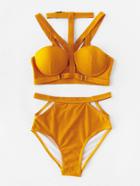Romwe Harness Detail High Waist Bikini Set With Choker Neck