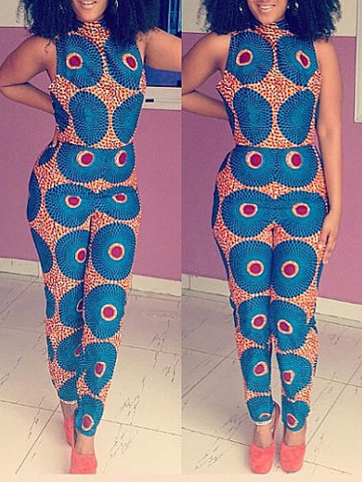 Romwe Sleeveless Ring Print Slim Jumpsuit