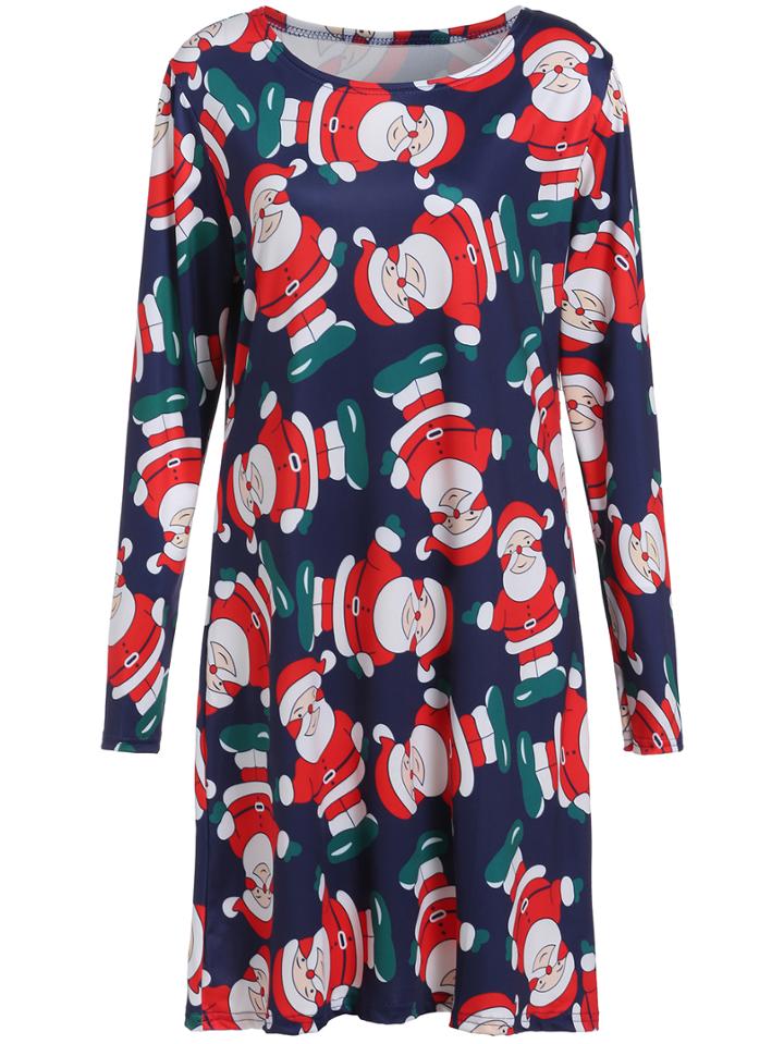 Romwe Long Sleeve Santa Claus Print Shift Dress