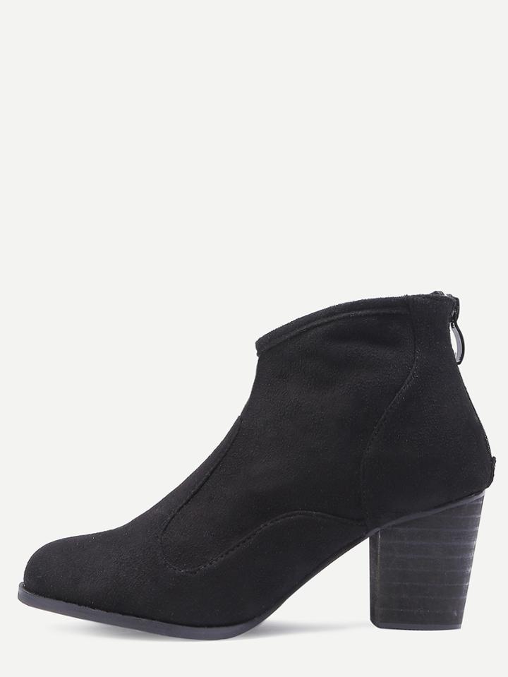 Romwe Black Faux Sude Zip Back Chunky Heel Boots