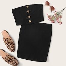 Romwe Button Front Bandeau Top & Bodycon Skirt Set