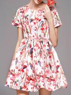 Romwe Pink Crew Neck Floral A-line Dress