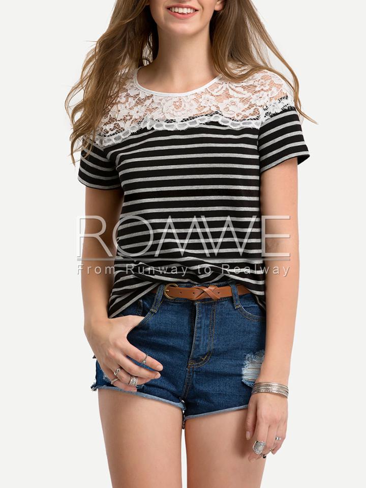 Romwe Black White Stripe Lace Yoke T-shirt