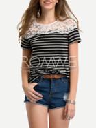 Romwe Black White Stripe Lace Yoke T-shirt