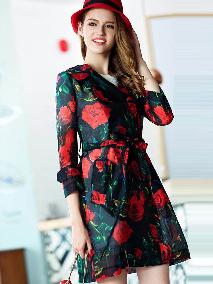 Romwe Black Lapel Length Sleeve Tie-waist Print Coat