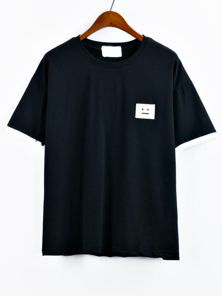 Romwe Contrast Trim Smiley Face Patch T-shirt - Black