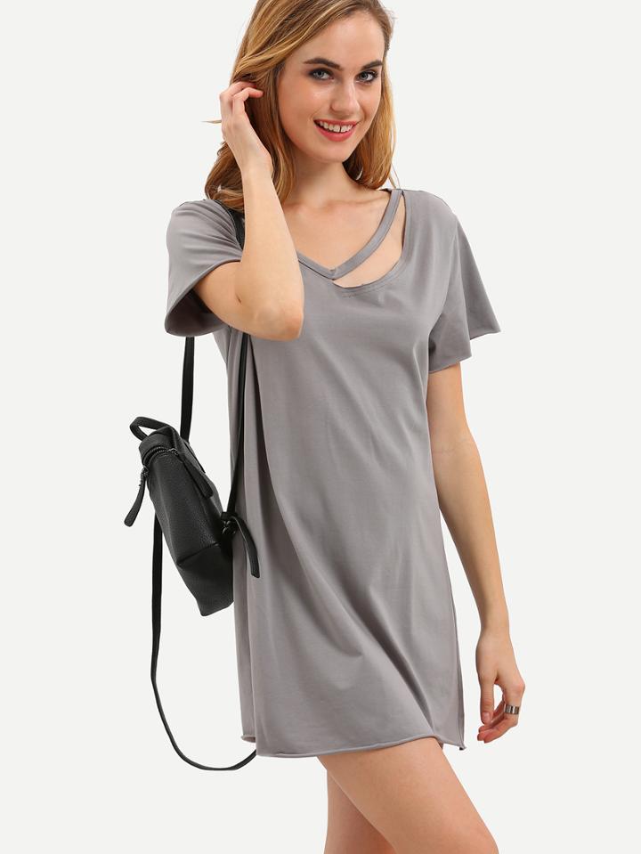 Romwe Dark Grey Short Sleeve Hollow T-shirt Dress