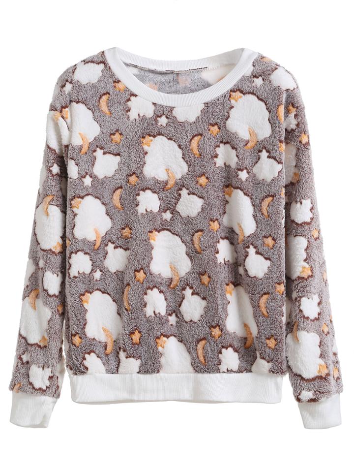 Romwe Khaki Cloud Detail Plush Sweatshirt