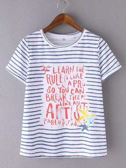 Romwe Multicolor Print Striped Short Sleeve T-shirt