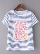 Romwe Multicolor Print Striped Short Sleeve T-shirt
