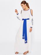 Romwe Contrast Binding Open Shoulder Dress With Tasseled Sash Tie
