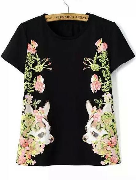 Romwe Dog Floral Print Black T-shirt