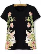Romwe Dog Floral Print Black T-shirt
