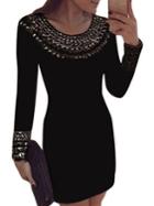 Romwe Black Long Sleeve Bodycon Dress With Rhinestone