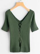 Romwe Lace Up Front Ribbed Tee
