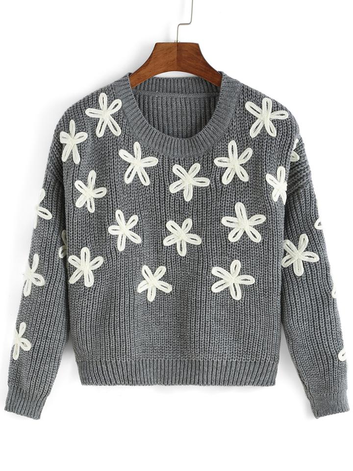Romwe Round Neck Applique Crop Knitwear
