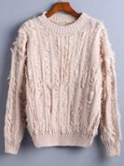 Romwe Pink Ribbed Trim Fringe Sweater